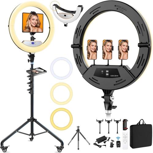 22 Large Ring Light with Stand, Upgraded Foldable LED Big Ringlight with 75 Tripod & Mini Tripod Wheel Tray for Live Tattoo Makeup Video Recording Barber Photography