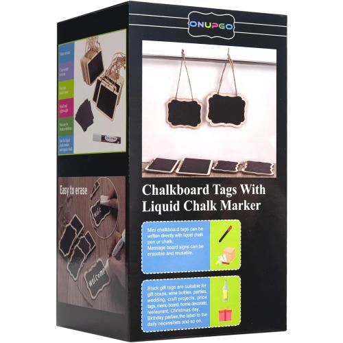 ONUPGO 16 Pack Chalkboard Tags with String, 4x3 Hanging Chalkboard Signs with Liquid Chalk Marker, Wooden Mini Blackboard Tags Massage Board Tags, Hanging Chalkboard Price Tags
