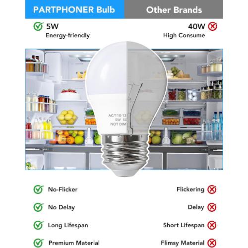 5W LED Refrigerator Light Bulbs 40 Equivalent, A15 Small Applicance Light Bulb E26 Medium Base, 120V Waterproof Fridge Bulbs Daylight White Freezer Home Lighting Lamp Non-dimmable, 2 Pack