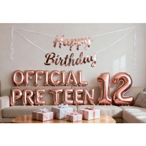 12th Birthday Decorations for Girls, Official Pre-Teen 12th Birthday Balloon 12th Birthday Banner Number 12 Foil Balloons for Her 12 Years Old Birthday Daughter Supplies Girls(12th Rose gold)