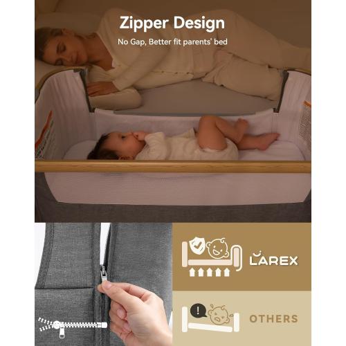 Larex Baby Bassinet Bedside Sleeper for Baby, Baby Crib Bed for Newborn Infant, Bedside Bassinet with Wheels, 5 Adjustable Height, Mosquito Net, Breathable Mattress and Mesh, Storage Basket and Bag