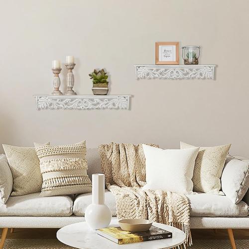 White Floating Shelves for Wall 24inch & 19inch Long - French Country Wall Decor Wood Distressed Mounted Shelf Vintage Hanging Shelving for Bathroom Bedroom 2 pcs