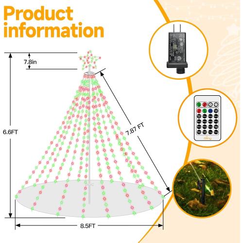 Ollny Christmas Lights Tree Red&Green 340LED with Topper Star, IP67 Waterproof Remote Control Waterfall Lights with Pole, 16 Lighting Modes Timer Dimmable Light Decorations Outdoor Yard Garden Lawn