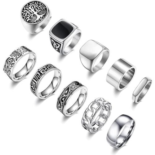 MEDOJO 10 Pcs Men's Stainless Steel Vintage Signet Ring Square Pinky Thumb Chunky Thin Band Ring Vintage Biker Band Rings Set 7-13