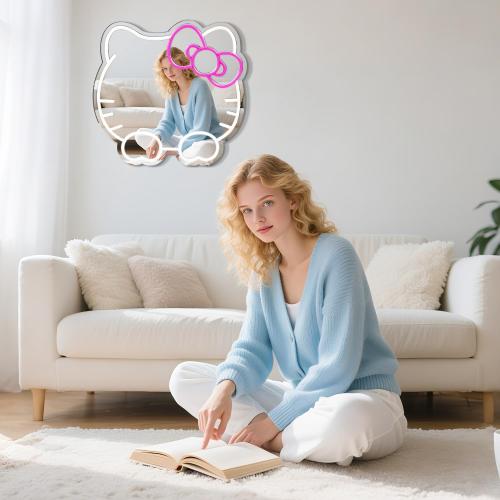 Anime Mirror Decor Light Up Mirror with Base Neon Sign for Wall Decor Girls Room Decor is A to Satisfy Girls Vanity USB Powered Dimmable Anime Decor Neon Mirror (13.8 * 13.6 inch)