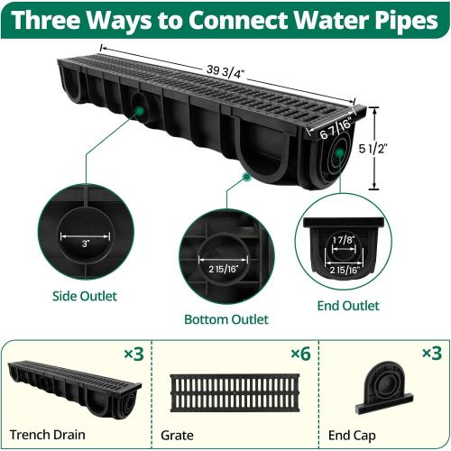 Benfar Trench Drain 39.4x6.1x5.5in 3Pack HDPE Channel Drain with Grates Trench Drainage System Total Length 10FT Driveway Drainage for Yard Concrete Garage Floor Sidewalk Garden Patio M062