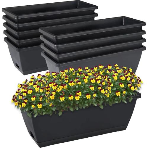 Window Box Planter, 10 Pack Plastic Vegetable Flower Planters Boxes 17 Inches Rectangular Flower Pots with Saucers for Indoor Outdoor Garden, Patio, Home Decor (Black)
