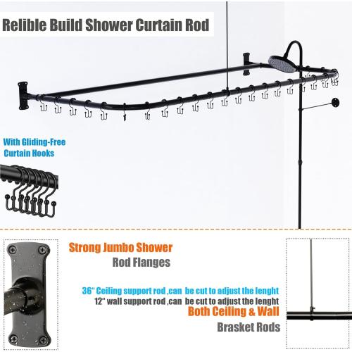 Clawfoot Tub Shower Kit,Add On Shower With Bathcock Diverter Faucet and 60 D Type Claw foot Tub Shower Curtain Rod Kit,D-Style Shower Rod and Clawfoot Tub Shower Faucet Set,Matte Black