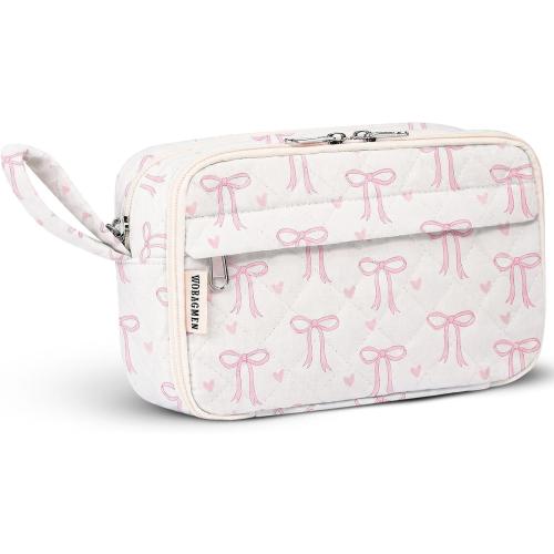 Quilted Pencil Pouch for Girls Women, Large Pencil Case Pouch with Compartments Cute Aesthetic Pencil Case Organizer, Floral Pencil Bag for School Supplies (Pink Bow)