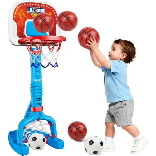 Toddler Basketball Hoop Indoor, Adjustable Kids Basketball Hoop and Soccer Goal for Ages 1-3 3-5, Portable Mini Basketball Hoop Set with 4 Balls for Boys Girls Child Indoor Outdoor Poolside MAY HAVE MISSING ACCESSORIES