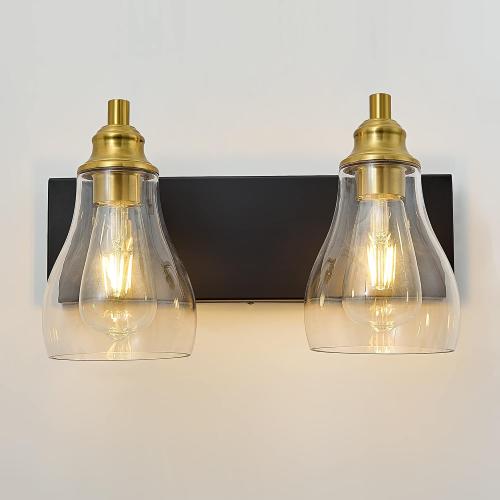 Bathroom Light Fixtures Over Mirror, 2 Light Bathroom Vanity Light with Brushed Gold and Matte Black Finish, Industrial Wall Sconce for Bedroom, Living Room and Proch