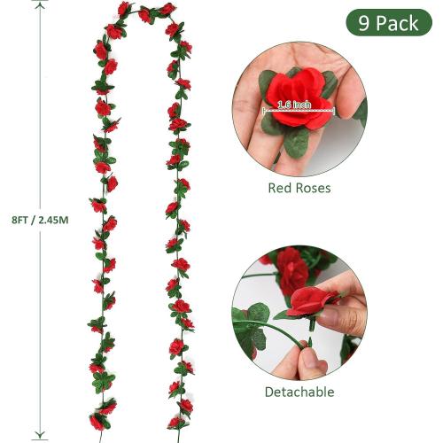 KHOYIME 9 Pack 72 FT Artificial Flower Garland, Fake Red Roses Vines Silk Flowers Faux Plastic Outdoor Hanging Floral Ivy Garland Decoration for Wedding Arch Bedroom Home Wall Backdrop Room Decor