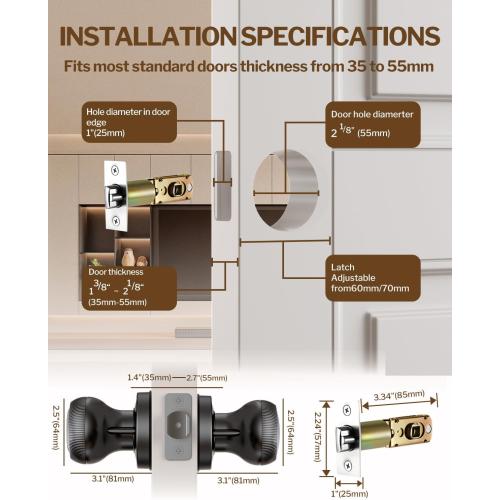 Fingerprint Door Lock - Smart Door Knob with Passcode Keypad, Finger Print Biometric Door Knobs & App Control, Keyless Smart Door Lock for Apartment Bedroom Hotel Office (Black)