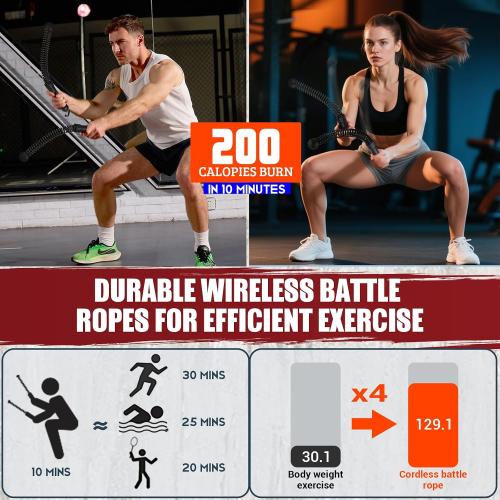 Cordless Battle Rope for Home Gym, Heavy Duty Portable with Poster