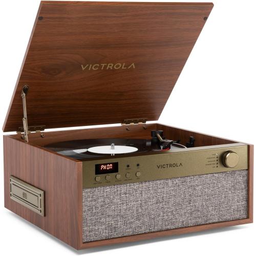 Victrola Century Essential - 5-in-1 Vinyl Record Player & Music Center – 3-Speed Turntable, CD Player, VINYLSTREAM, Bluetooth & 3.5mm Aux, Record Player with Speakers, Mid Century Design (Walnut)