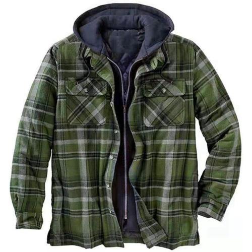 VELONLLONE Flannel Jackets Men Classic Plaid Shacket Oversized Quilted Puffer Jacket Full Zip Hoodie Coat Winter Warm Outwear 2XL