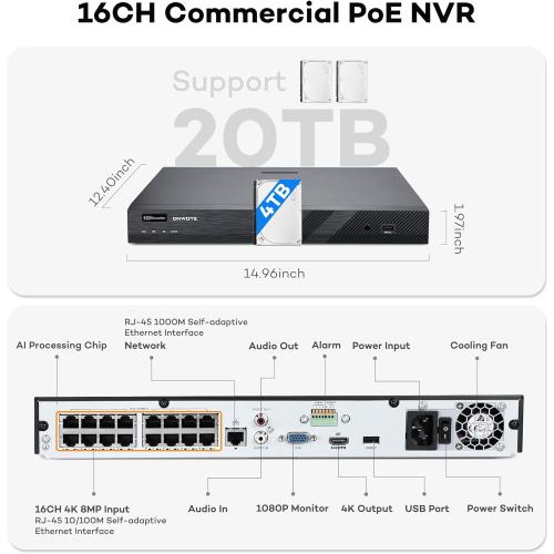 ONWOTE 12MP 16 Channel PoE NVR (Built-in 16 PoE Ports), 4TB HDD Included, Smart AcuSearch, Only Work with ONWOTE PoE IP Cameras, 16CH 6K 4K 8MP NVR Security Video Audio Recorder, 2 SATA Support 20TB