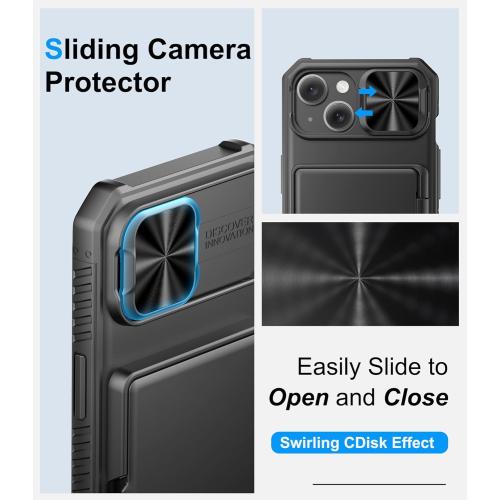 for iPhone 15, iPhone 14, iPhone 13 Wallet Case with Card Holder(4-5 Cards), Slide Camera Cover, Military Drop & RFID Protection, Heavy Duty Women Men Phone Case for iPhone 15/14/13, Black