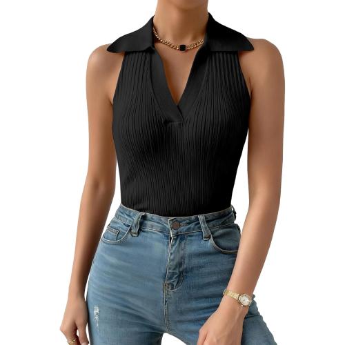 2XS.....Momtecanuo Women Ribbed Tank Top, Going Out Collared Camisole Top Business Casual Sleeveless V Neck Fitted Polo Shirt