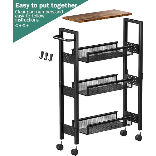 Utility Slim Storage Cart with Wheels, 4 Tier Small Rolling Cart with Wood Top, Metal Kitchen Bathroom Laundry Room Organization Trolley with Handle for Narrow Space – Black