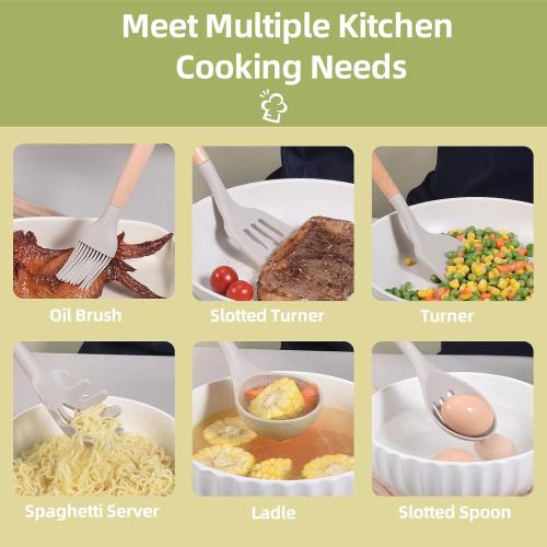 Kitchen Utensils Set-34 Pcs,Silicone Cooking Utensils Set for Nonstick Cookware,446℉Heat Resistance Silicone Spatulas Set, Wood Handle-Kitchen Gadgets Tools (Khaki)
