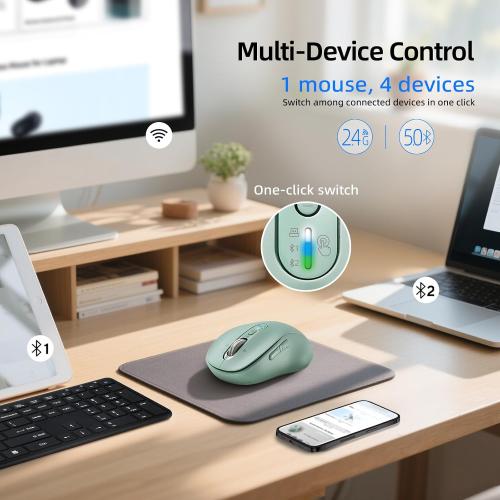 Wireless Bluetooth Mouse for Laptop,USB BT×2,Quiet Ergo Computer Mouses,Metal 4-Way Super Scrolling,± 3200 DPI,Rechargeable,10 Button,Plug&Play,Multi Device Cordless Mice for iPad,Tablet,Mac,PC(Green)