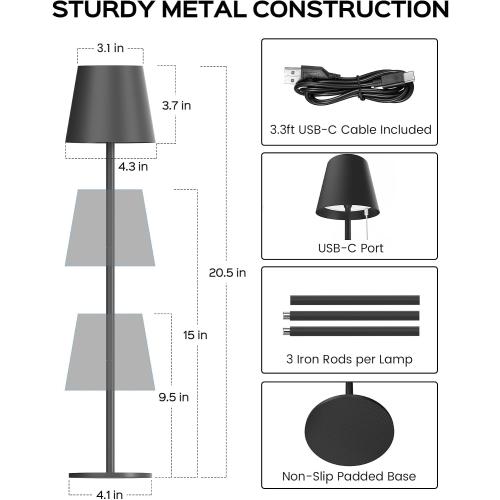 JACKYLED Cordless Table Lamps Rechargeable, 3 Adjustable Height, 5000mAh Battery Operated, 3 Colors Smooth Dimming, Portable LED Waterproof Table Lamp for Dining, Bedroom, Outdoor- Black