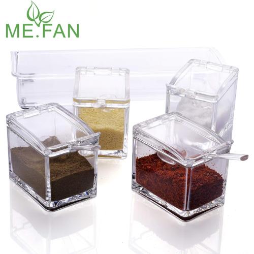ME.FAN Clear Seasoning Rack Spice Pots - 4 Piece Acrylic Seasoning Box - Storage Container Condiment Jars - Cruet with Cover and Spoon
