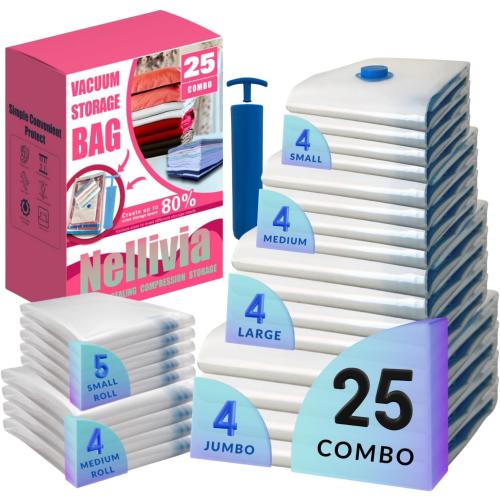 25 Pack Vacuum Storage Bags with Pump, Compression Space Saver for Comforter, Bedding, Blanket Storage, Vacuum Seal Bags for Clothing, Luggage and Closet Organizer