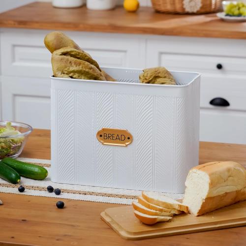 Extra Large Bread Box for Kitchen Countertop Corner Breadbox for Homemade Bread Metal White Diagonal Stripe Pattern Embossed Storage Container Bin with Bamboo Lid Fits 2 Loaves of Bread