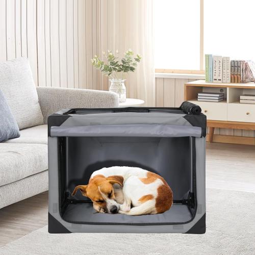 TLSUNNY Portable Soft Dog Crate, Collapsible Travel Dog Crates for Medium/Large Dogs, Foldable 4-Door Dog Kennel w/Mesh Windows, Soft Mat, Carrying Bag, Indoor & Outdoor Use (Grey, 36 x 24.4)