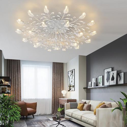 Modern Crystal Ceiling Light Fixture,Semi Flush Mount Chandeliers,Crystal Leaf Ceiling Light,Silvery Chandeliers for Dining Room,Living Room,Bedroom