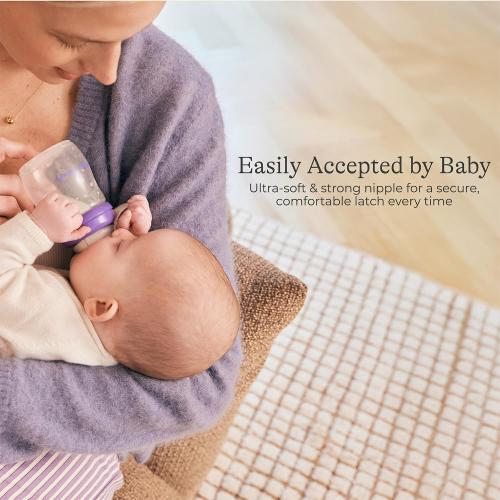 Lansinoh Anti-Colic Baby Bottles, BPA-Free Plastic, 5 Ounces, 4 Count, Extra Slow Flow Nipples (Size XS), Breastfeeding Bottle with NaturalWave Design