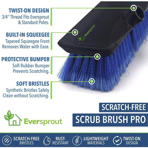 EVERSPROUT Scrub Brush, 1.5 to 3ft Pole, Rubber Bumper, No-Scratch | For Cars, Trucks, RV, Boats, Driveways, Decks, Patios, Decks, House Siding, 8-10ft Standing Reach, Non-Slip Grip, Lightweight