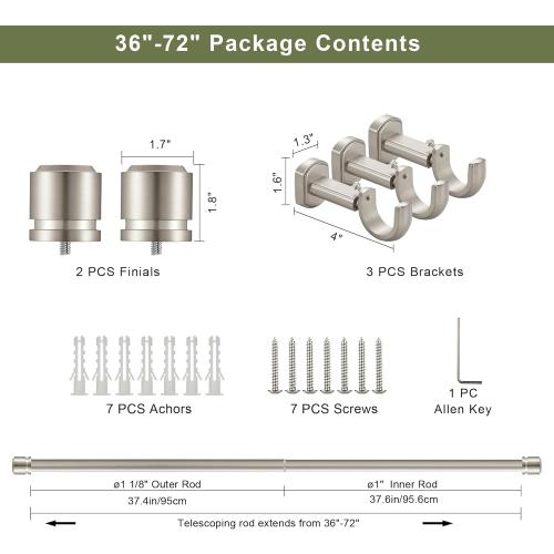 1 1/8 Inch Diameter Curtain Rods 36 to 72 Inches(3-6ft), Telescoping Heavy Duty Large Drapery Rod with Adjustable Aluminum Alloy Bracket, Solid End Caps for Windows Patio Decoration, Brushed Nickel