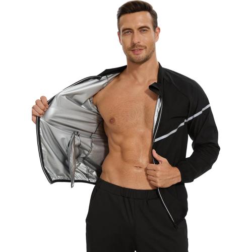 Size L ... Sauna Suit for Men Sweat - Long Sleeve Shirt Jacket Workout Body Shaper Zipper Top Slimming Fitness Trainer Gym