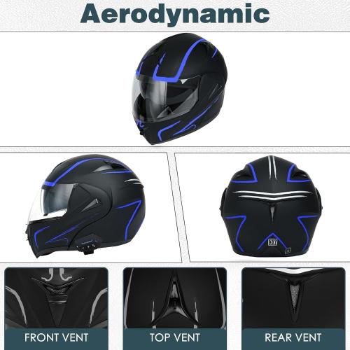 Black & Purple Motorcycle Bluetooth Modular Helmet, DOT Approved Dual Visor Full Face Flip Up Bluetooth Integrated Motorcycle Helmet for Adults Men and Women