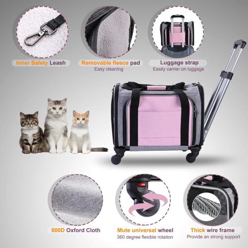 Pet Carrier Airline Approved on Wheels - Two Sided Expandable Cat Soft Carrier for Puppy and Cats Under 26lbs, Rolling Cat Carrier for Airplane, Camping, Outdoor