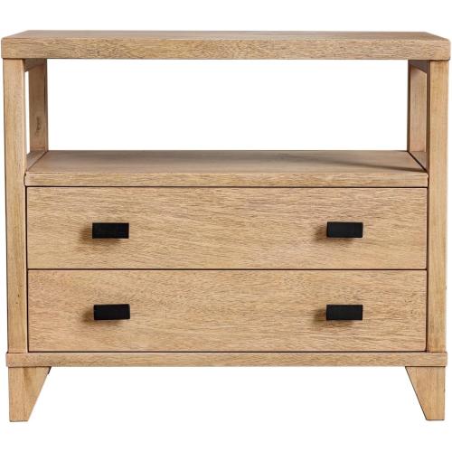 (LEGS IN TOP DRAWER) East at Main Ezra Large 2-Drawer Nightstand – Warm Brown Solid Bayur Wood Bedside Table with Open Shelf, Black Hardware & Angled Legs – 34” W x 15” D x 29.5” H