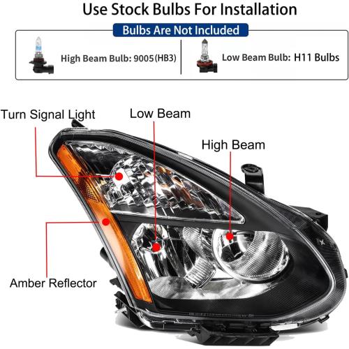 Pair Headlights Assembly set OE Style For 2008 2009 2010 2011 2012 2013 Nissan Rogue S SL SV Krom/2014 2015 Nissan Rogue Select S Replacement Halogen Headlamps Black Housing Clear Lens(LH&RH)
