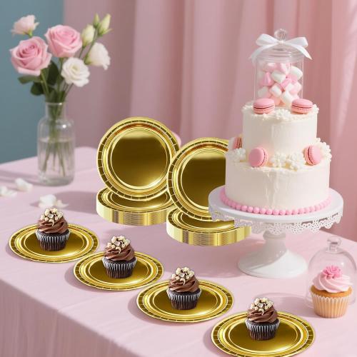 50pcs Gold Disposable Paper Dessert Plates, 7Inch Gold Camping Plates Birthday Party Tableware Supplies Party Plates for Dinner, Holiday, Picnic, Birthday, Wedding Parties