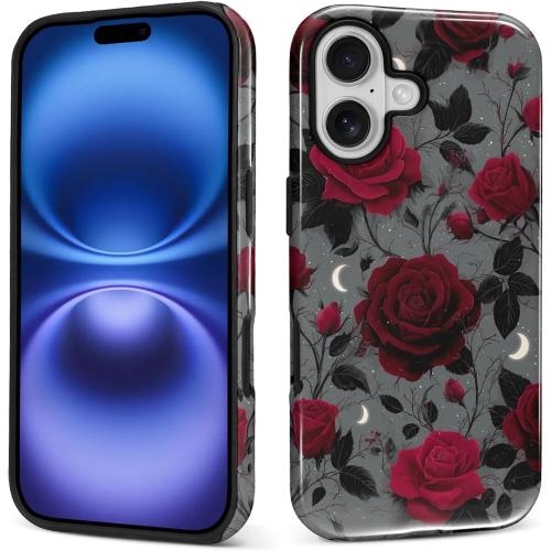 Case for iPhone 17,Hybrid Heavy Duty 2 in 1 Full Body Rugged Shockproof Protection Glossy Case for iPhone 17 Night Red Rose