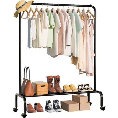 Metal Standing Clothes Rack, Rolling Clothing Rack for Hanging Clothes, Portable Clothes Rack with Storage Shelves, Black