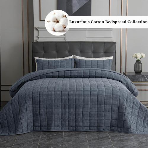 3 Pieces Oversized Cotton Quilt Set Super King Comforter with Pillow Shams 120x120 Ultra Soft Lightweight Bedspread Waffle Weave Quilted Bed Coverlets for All Season, Grey Blue