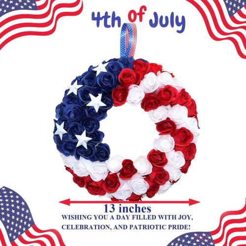 Silk Roses 4th of July Wreath, Red White Blue Patriotic Wreaths for Front Door, Memorial & Independence Day Decorations, Americana Decor for Front Porch Wall Window Indoor Outdoor (13”)
