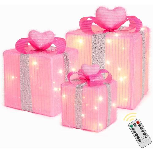 Lewondr Valentines Day Decorations Pink Heart Lighted Gift Boxes with Timer, USB Powered Light Up Present Boxes, Love Shaped Ornament and Glitter Silver Bow, Valentine Decor Romantic Anniversary