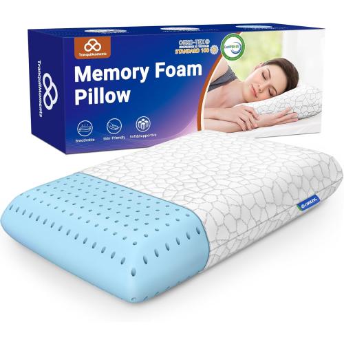 Size Queen Color White TranquilMoments Cooling Memory Foam Pillows, Cooling Bed Pillow, Bed Pillow for Side, Back and Stomach Sleepers, Neck Pillow for Sleeping with Removable and Machine Washable Cover, Queen Size (1 Pack)