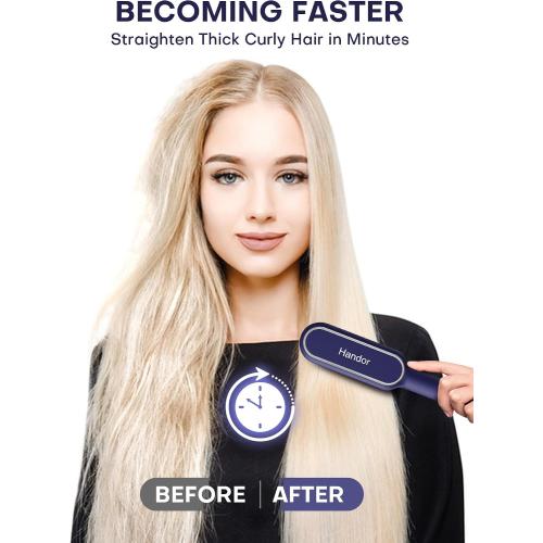 Pro Ionic Hair Straightener Brush for Women - 9 Temp Settings with LED Display, 20s Fast Heat (250°F-410°F), Dual Voltage & Travel Bag for Frizz-Free Salon Finish