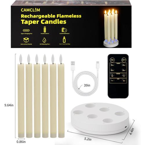 Rechargeable Flameless Taper Candles with Charging Station 6Pcs Real Wax Battery Taper Candles with Remote Timer Led Candlesticks Flickering Realistic for Christmas Home Wedding Decor Ivory