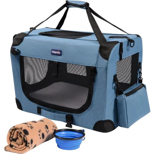Size 24x17x17 Color Blue Petprsco Portable Collapsible Dog Crate, Travel Dog Crate 24x17x17 with Soft Warm Blanket and Foldable Bowl for Large Cats & Small Dogs Indoor and Outdoor